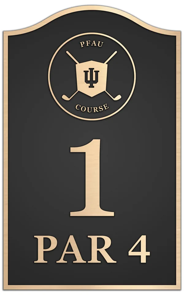 Bronze golf course tee signs with hole number, par and yardage