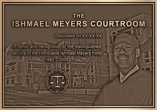 Bronze Ishmael Meyers Courtroom dedication plaque with an engraved portrait of the honoree and a courthouse background.