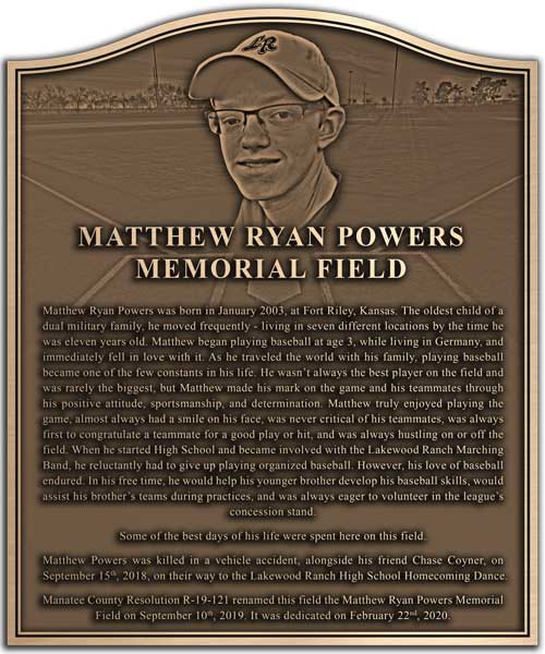 A bronzeplaque that was created for a Baseball Memorial Field dedication ceremony