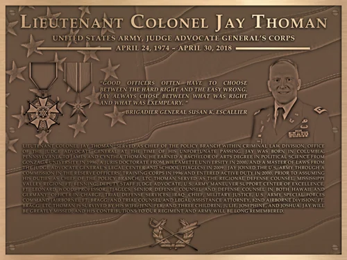 Bronze memorial plaque honoring Lieutenant Colonel Jay Thoman
